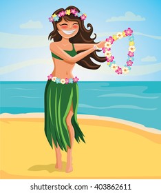 Hawaii woman  with flower lei garland. Beach background. Vector cartoon illustration