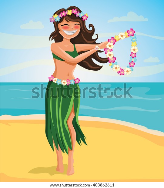 Hawaii Woman With Flower Lei Garland Beach Background Vector Cartoon Illustration