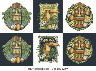 Hawaii wooden tiki mask for tiki bar. Traditional ethnic idol and hawaiian surf, maori or polynesian. Old tribal totem.