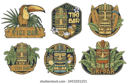 Hawaii wooden tiki mask collection. Traditional ethnic idol of hawaiian, maori or polynesian. Old tribal totem for tiki bar. Set of colorful tiki masks for summer-themed print and design.