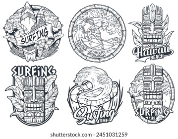 Hawaii wooden tiki mask collection. Traditional ethnic idol of maori or polynesian. Old tribal totem for tiki bar. Set of summer black and white illustrations with hawaiian masks and surfing graphics.