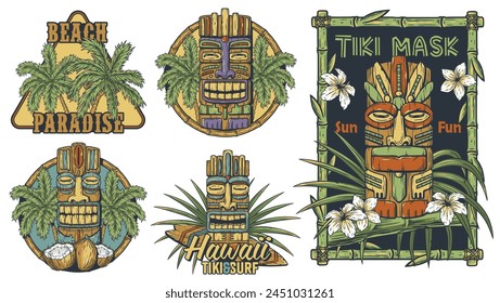 Hawaii wooden tiki mask collection. Traditional ethnic idol of hawaiian, maori or polynesian. Old tribal totem for tiki bar. Set of hawaiian tiki masks for summer themes with tropical design elements.