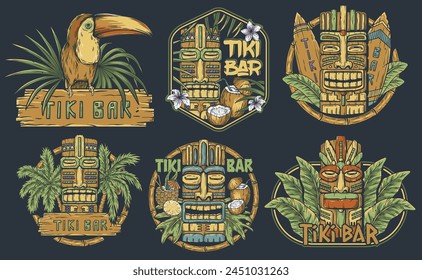 Colección de máscara de tiki de madera de Hawái. Ídolo étnico tradicional hawaiano, maorí o polinesio. Antiguo tótem tribal para el bar tiki. Conjunto de máscaras tiki coloridas para impresión y diseño de temática de verano.