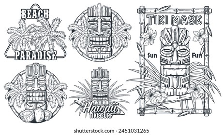 Colección de máscara de tiki de madera de Hawái. Ídolo étnico tradicional hawaiano, maorí o polinesio. Antiguo tótem tribal para el bar tiki. Conjunto de máscaras tiki monocromas para estampados y decoraciones de temática tropical.