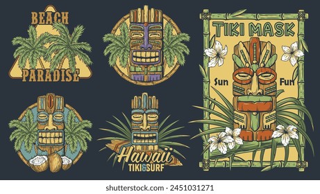 Hawaii wooden tiki mask collection. Traditional ethnic idol of hawaiian, maori or polynesian. Old tribal totem for tiki bar. Set of hawaiian tiki masks for summer themes with tropical design elements.