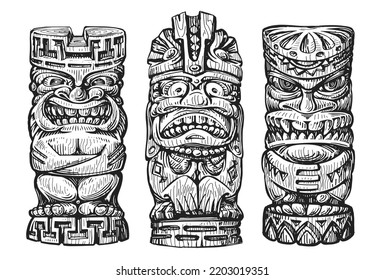 Hawaii Wooden Tiki Masks Sketch. Traditional Ethnic Idol Of Hawaiian Or Maori. Polynesian Old Tribal Totem Vector