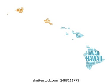 Hawaii Word Cloud. State shape with county division. Hawaii typography style image. County names tag clouds. Vector illustration.