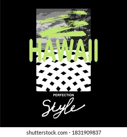 Hawaii, words design, with brush, white and green, t-shirt design, screen printing, black cloth. 