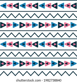 Hawaiian aboriginal hand drawn geometrical seamless pattern with horizontal zigzag lines and pink and blue triangles on white background. Great for summer fabric, scrapbooking, packaging.