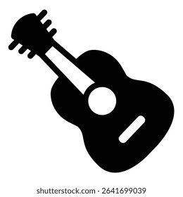 Hawaiian acoustic guitar solid icon, tropical voyage concept. Vector graphics. Mini guitar, musical instrument sign on white background, style mobile or design