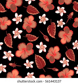 Hawaiian Aloha Shirt in multicolored flowers and buds on a black background. Vector.