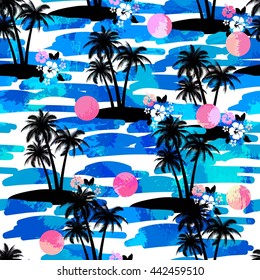 Hawaiian Aloha Shirt Seamless Background With Ocean, Hibiscus, Palms, iland. Summer Tropical Exotic Endless Texture.