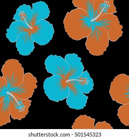 Hawaiian Aloha Shirt seamless pattern in blue and brown colors on a black background. Vector seamless pattern.