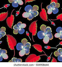 Hawaiian Aloha Shirt seamless pattern multicolored on a black background. Vector seamless pattern.