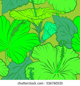 Hawaiian Aloha Shirt seamless pattern in multicolored flowers and buds on a green background. Vector seamless pattern.