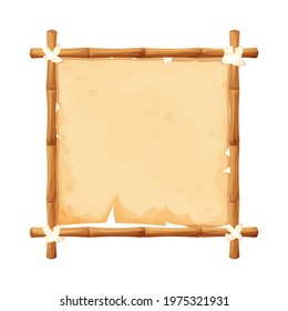 Hawaiian bamboo frame with old parchment and rope in cartoon style isolated on white background. Empty signboard, template poster.