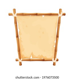 Hawaiian bamboo frame with old parchment and rope in cartoon style isolated on white background. Empty signboard, template poster.