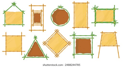 Hawaiische Bambusrahmen. Verschiedene geometrische Formen Tropical Stick Grenzen. Gespanntes Leder und Pergament. Dschungel leere exotische Schilder. Natürliches Material. Vektorgrafik