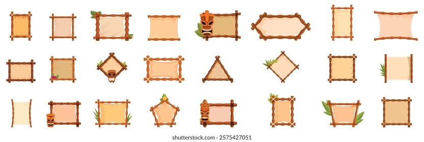 Hawaiian bamboo frames icons set. Various wooden frames with tiki masks and tropical leaves add an exotic hawaiian touch