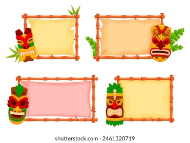 Hawaiische Bambusrahmen. Holzrahmen Tiki Totem Gottsymbol für Hawaii Luau Party Beach Bar Aloha Tribal Sign Einladung Banner, Cartoon Island Schild Vektorillustration von Tropenholz Banner