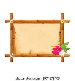 Hawaiian bamboo wooden frame with parchment and tropical flowers in cartoon style isolated on white background. Empty signboard, template poster.