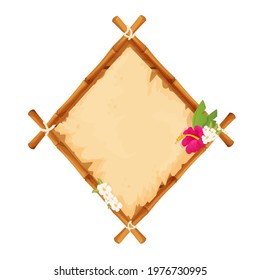 Hawaiian bamboo wooden frame with parchment and tropical flowers in cartoon style isolated on white background. Empty signboard, template poster.
