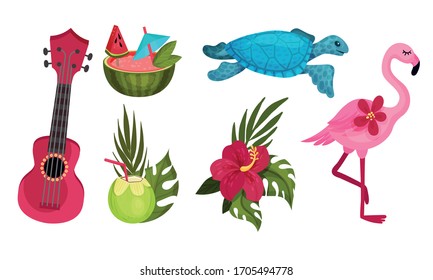 Hawaiian Beach Attributes and Tropical Symbols with Cocktail and Flamingo Bird Vector Set