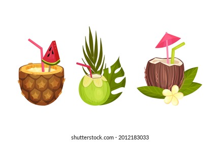 Hawaiian Beach Attributes and Tropical Symbols with Coconut and Pineapple Cocktail with Straw Vector Set