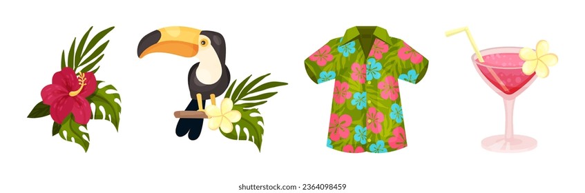 Hawaiian Beach Attributes and Tropical Symbols with Hibiscus Flower, Toucan Bird, Shirt and Cocktail Vector Set