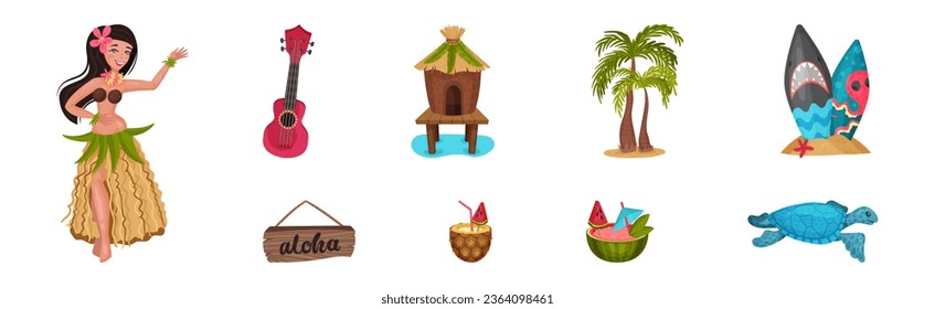 Hawaiian Beach Attribute und tropische Symbole mit Palm, Hut, Schildkröte, Gitarre und Tanzweibchen Vektorset