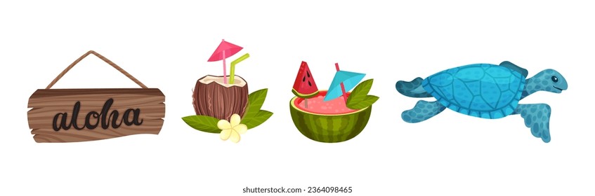 Hawaiian Beach Attributes and Tropical Symbols with Cocktail and Floating Turtle Vector Set