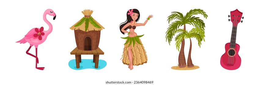 Hawaiianische Beach Attribute und tropische Symbole mit Palm, Hut, Flamingo, Gitarre und Tanz Frauenvektorset