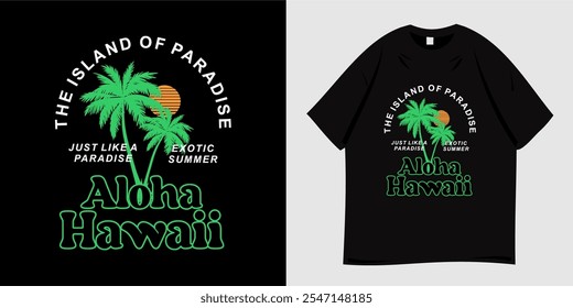 Hawaiian beach graphic t-shirt design. Summer clothing vector illustration with palm tree silhouette and sun symbol. Ready to print for t-shirt, clothes, tee, apparel and wear.