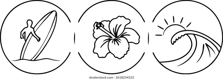 Hawaiian Beach Icons In Black And White Featuring Surfer Hibiscus And Wave