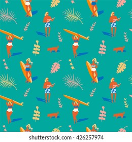 Hawaiian beach summer pattern. Retro beach tropical illustration in vector. Surfing pattern collection.