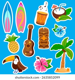 Hawaiian beach summer sticker set for kids. Island vacations sticker sheet set. Luau party with music and drinks, fun surfing objects. Cute sticker sheet, planner and scrapbook. Vector illustration