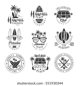 Hawaiian Beach Surfing Vacation Black And White Sign Design Templates With Text And Tools Silhouettes