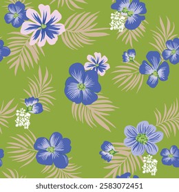 Hawaiian beach-inspired seamless floral pattern with hibiscus, plumeria, and palm fronds, bringing a tropical island vibe to any project.