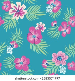 Hawaiian beach-inspired seamless floral pattern with hibiscus, plumeria, and palm fronds, bringing a tropical island vibe to any project.