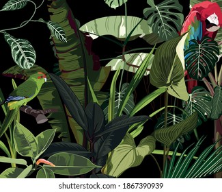 Hawaiian botanical palm tree,banana tree, palm leaves, parrot birds summer paradise floral border black background. Exotic jungle wallpaper.