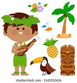 Hawaiian boy playing music with his guitar. Vector Hawaii collection