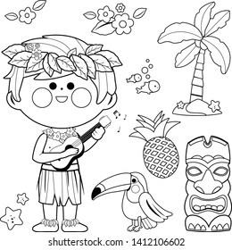 Hawaiian boy playing music with his guitar and summer beach vacation object set. Vector black and white coloring page.