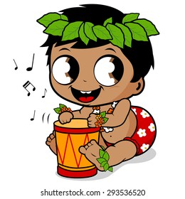 Hawaiian boy playing music with the pahu drum. Vector illustration
