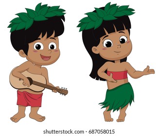 Hawaiian boy playing ukelele and girl hula dancing.vector and illustration.