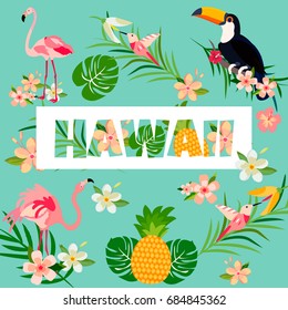 Hawaiian bright card with toucan, pineapple, flamingos, foliage text