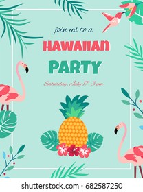 Hawaiian bright invitation with flamingos, pineapple, foliage text