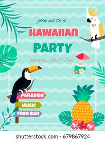 Hawaiian bright invitation with toucan, pineapple, parrot, foliage text