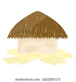 Hawaiian bungalow on sand vector. Beach shack house, vector bamboo hut bar, Summer cartoon island building, straw roof, exotic vacation camping on sand.