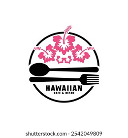 café havaiano e resto conceito design logotipo com flor hibiscus com colher e garfo