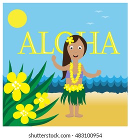 Hawaiian card with hula pretty girl